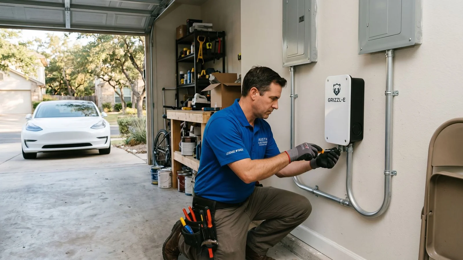 Electrician finishing an EV charger install