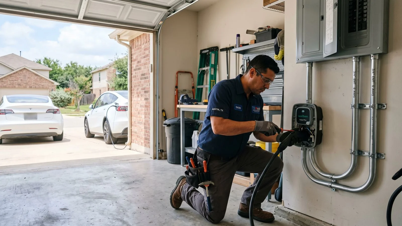 Electrician installing a Level 2 EV charger in a Texas garage