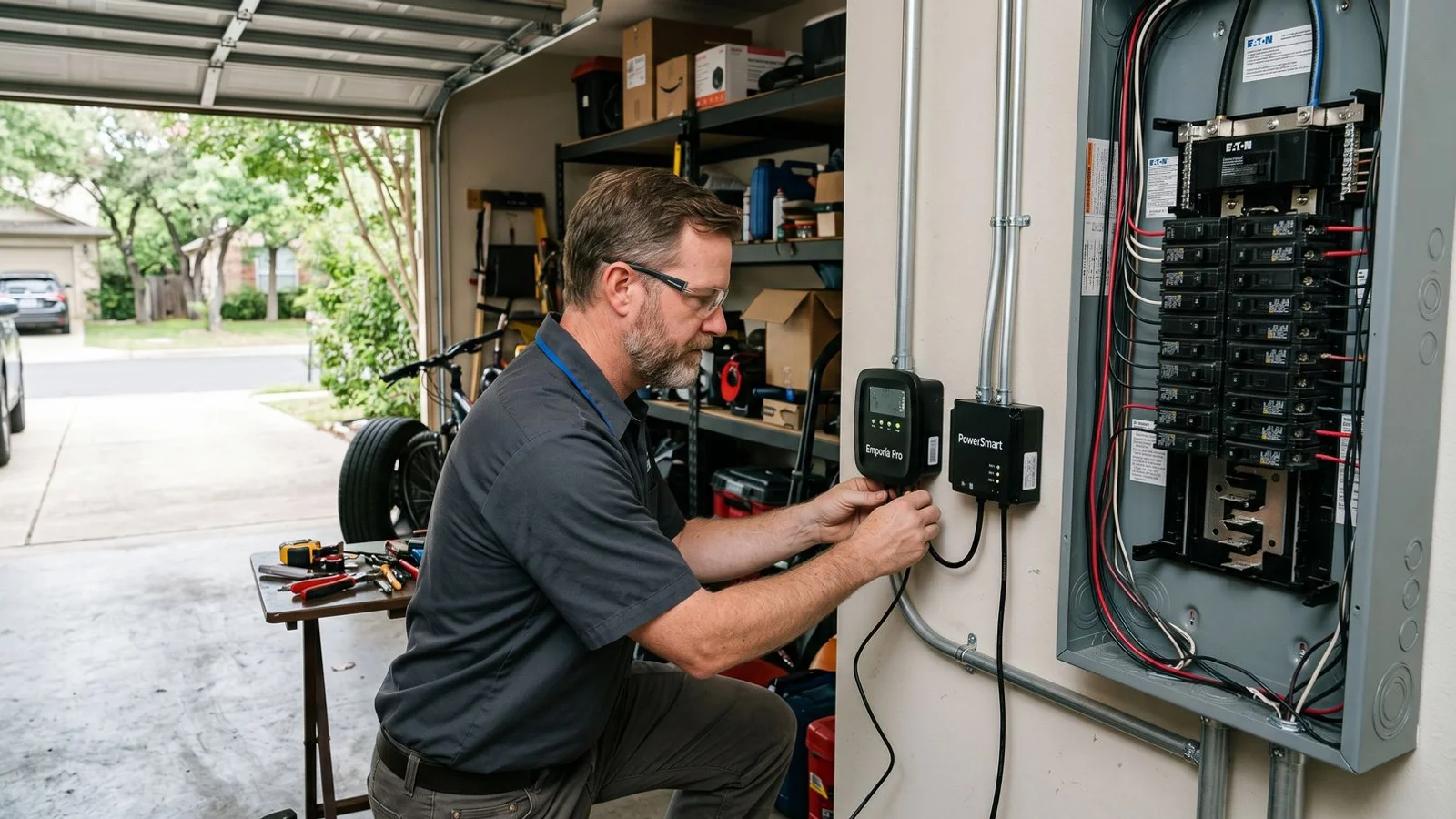 Smart load management module installed beside a breaker panel