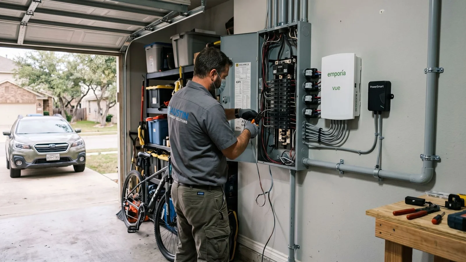 Emporia Pro load management module installed in a Texas garage