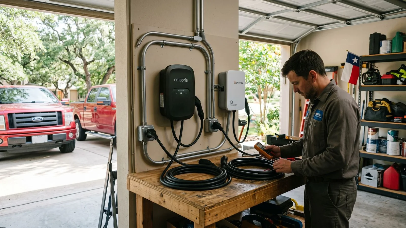 Emporia, Wallbox, and Enphase chargers displayed together