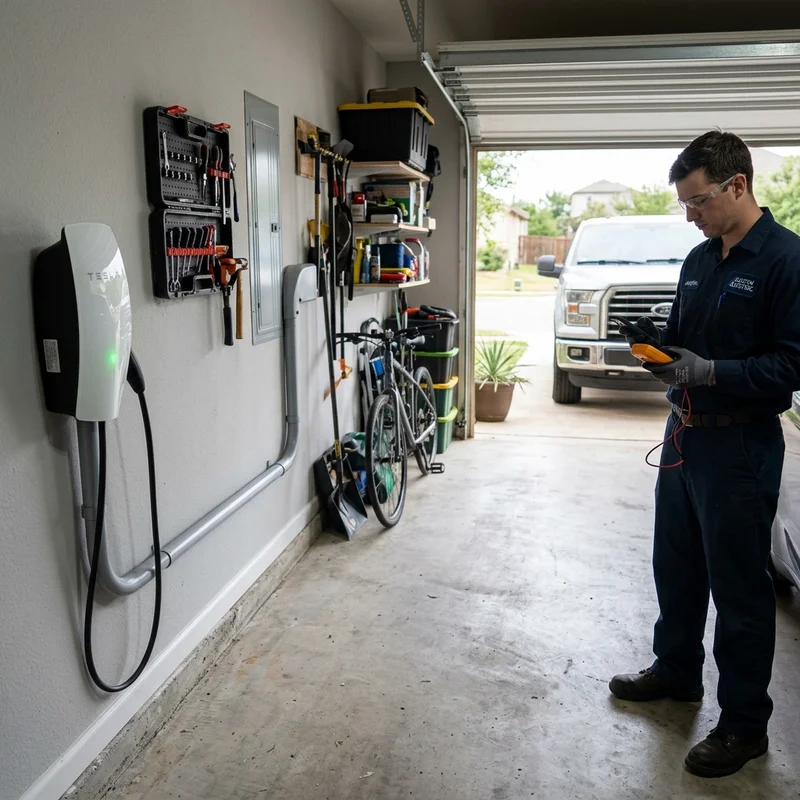 Hardwired Tesla Wall Connector install in a Westlake Hills two car garage with concealed conduit