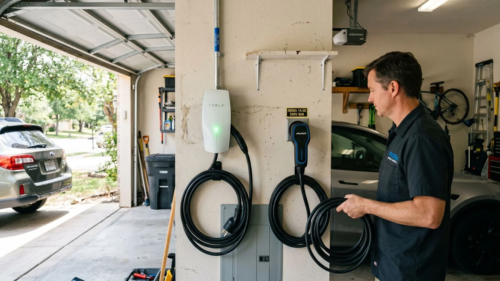 Hardwired vs plug-in EV charger side-by-side