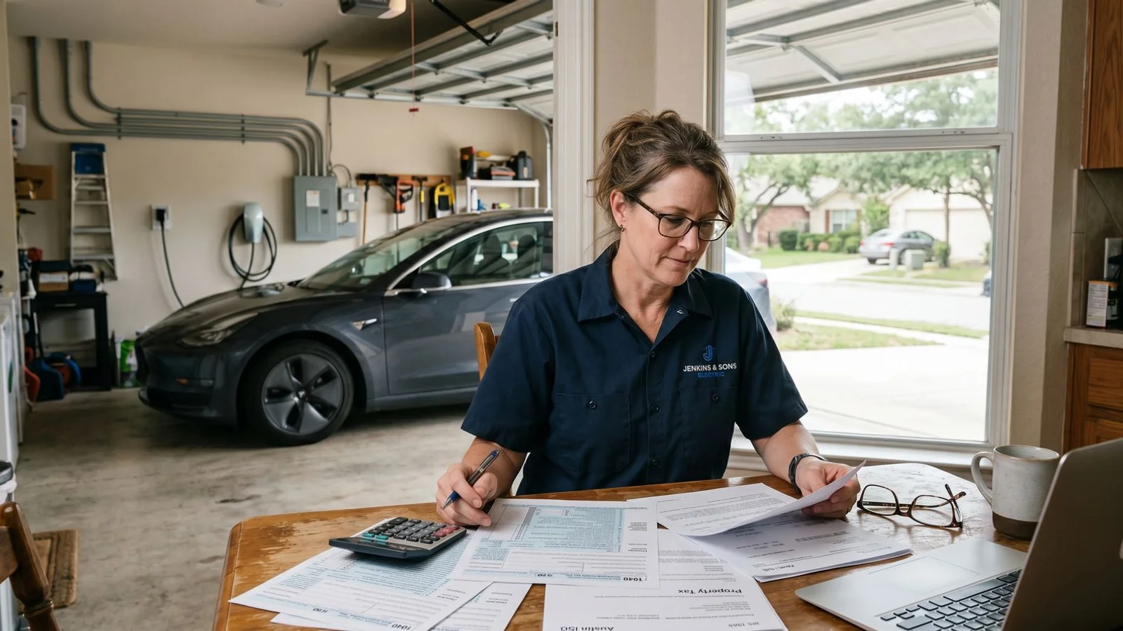 Homeowner reviewing tax documents at a kitchen table