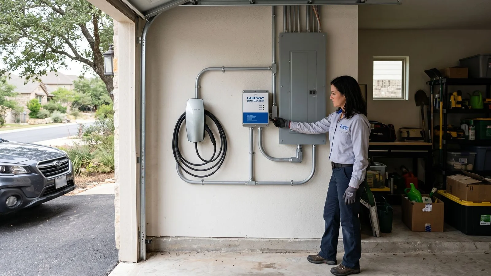 Lakeway garage with new EV charger and load management module