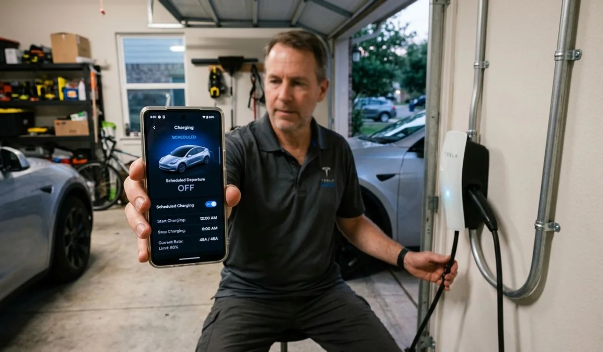 Tesla app showing scheduled overnight charging