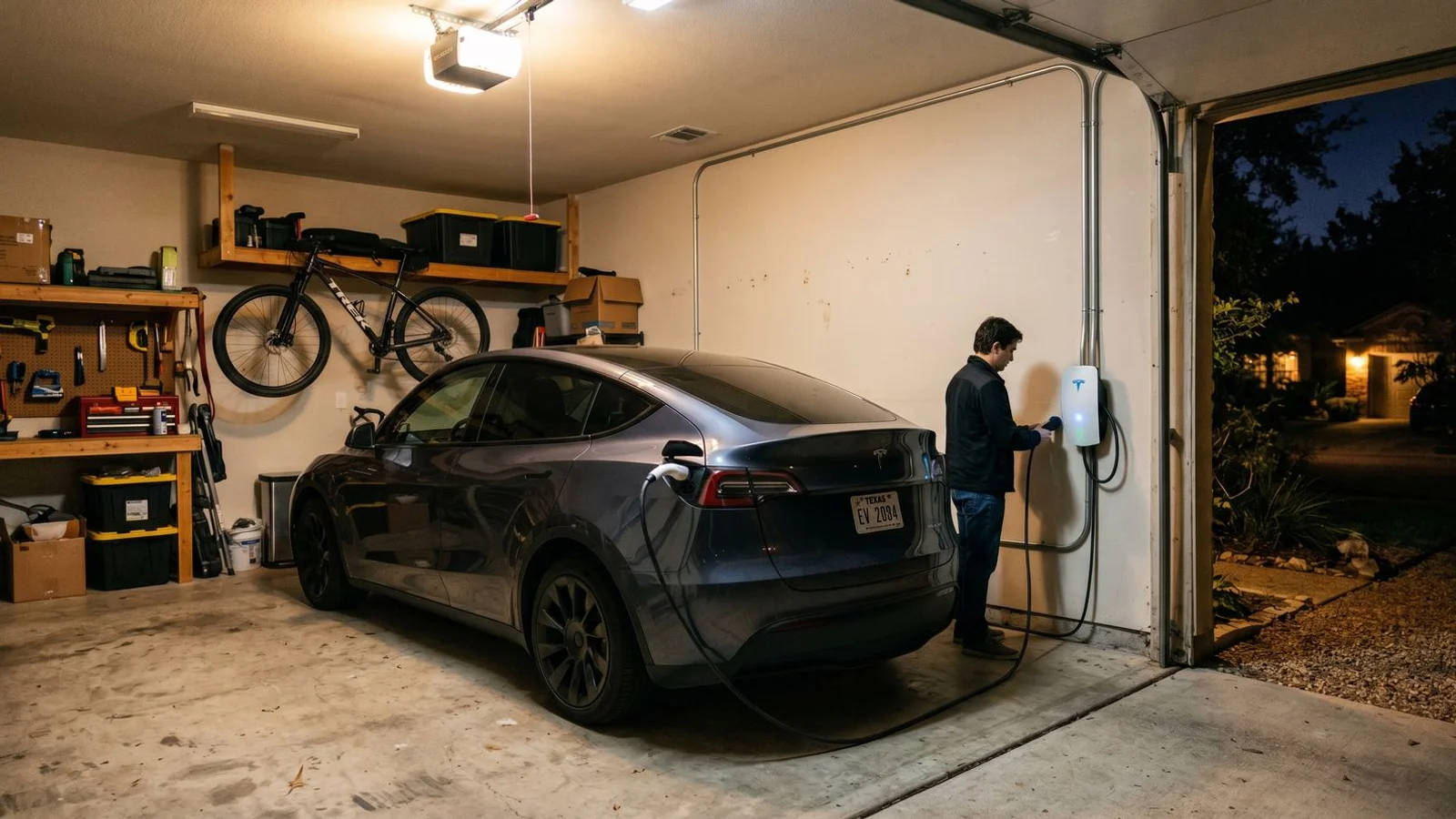 EV charging overnight in an Austin garage