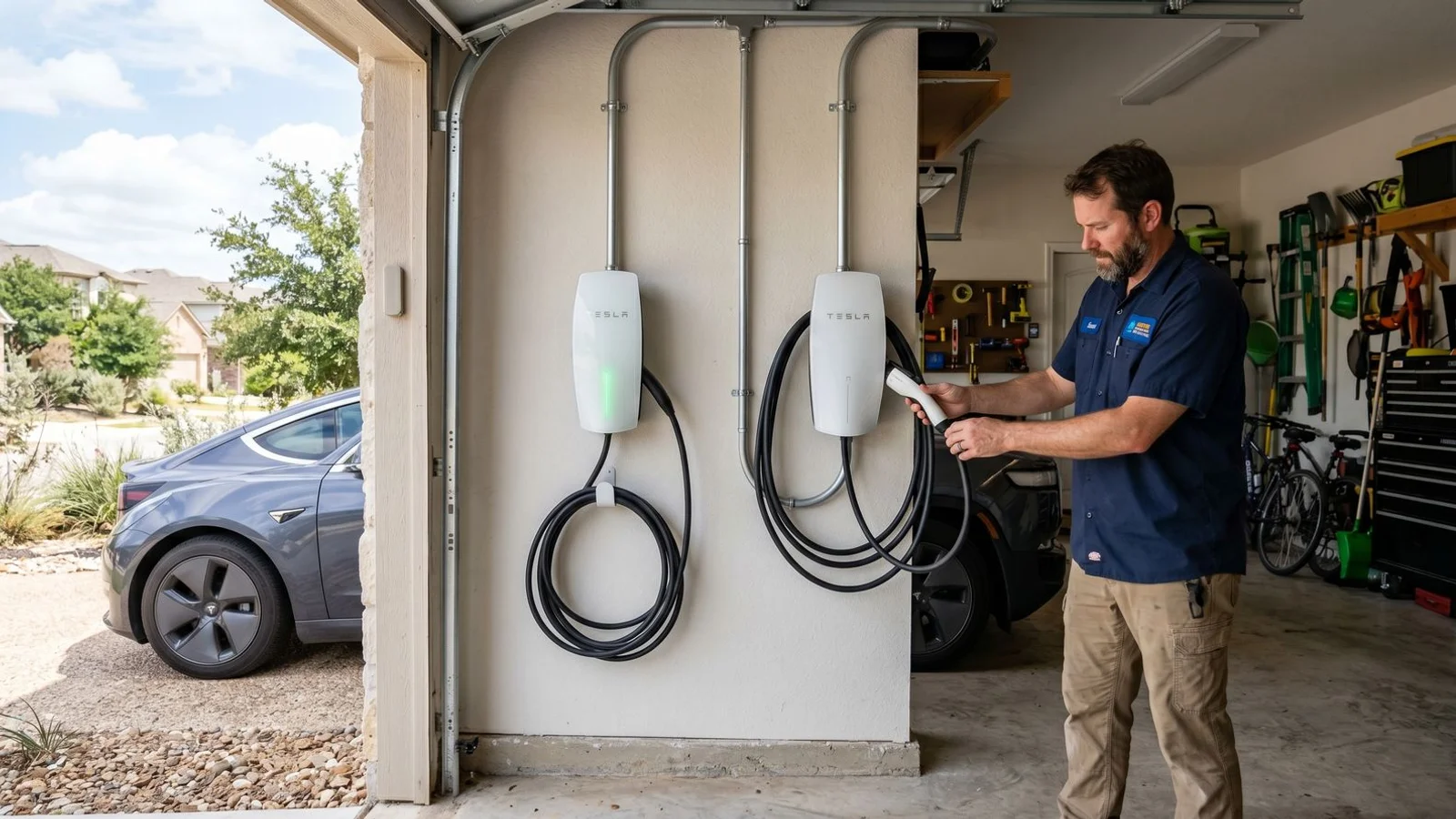 Tesla Wall Connector and Universal Wall Connector side by side