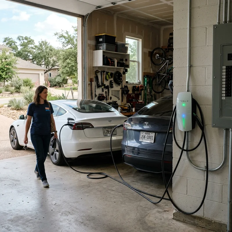 Universal Wall Connector serving two non Tesla EVs in a Cedar Park garage